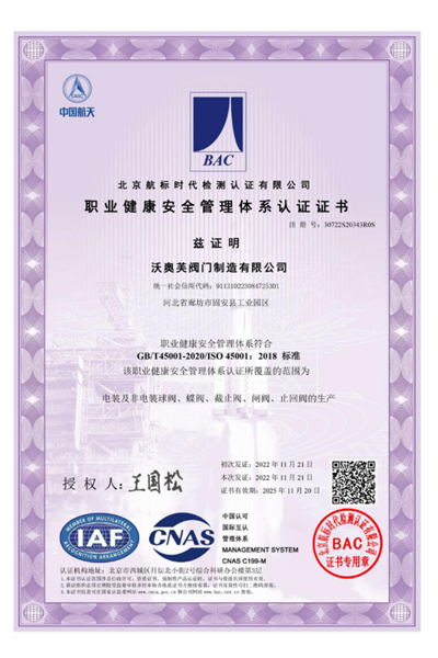 職業(yè)健康管理體系認(rèn)證證書